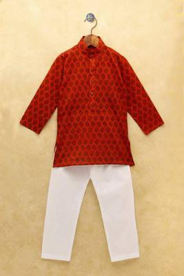 Maroon printed cotton boys-kurta-pyjama 1