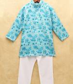 Blue printed cotton boys-kurta-pyjama