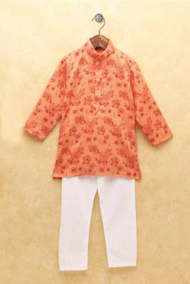 Orange printed cotton boys-kurta-pyjama 1