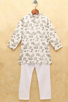 White printed cotton boys-kurta-pyjama 1