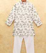White printed cotton boys-kurta-pyjama