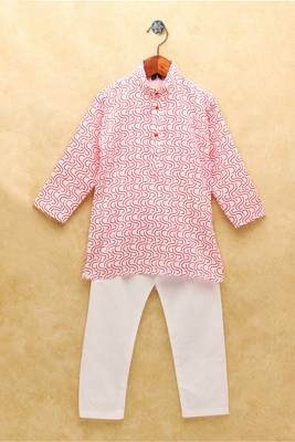 White printed cotton boys-kurta-pyjama 1