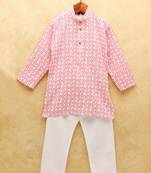 White printed cotton boys-kurta-pyjama
