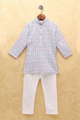 White printed cotton boys-kurta-pyjama 1
