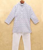 White printed cotton boys-kurta-pyjama