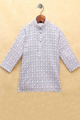 White printed cotton boys-kurta-pyjama 3
