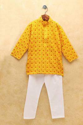 Yellow printed cotton boys-kurta-pyjama 1