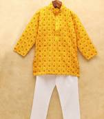 Yellow printed cotton boys-kurta-pyjama
