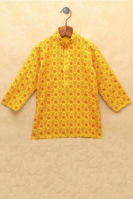 Yellow printed cotton boys-kurta-pyjama 3