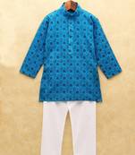Blue printed cotton boys-kurta-pyjama