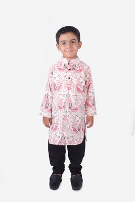 Pink and GreyTemple Printed Khadi Cotton Kurta with Black Churidar 1