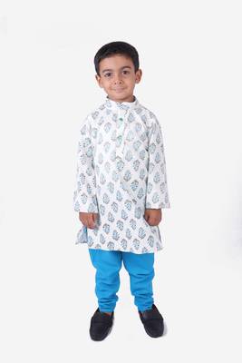 Turquoise Blue and White Motif Print Cotton Kurta with Turquoise Blue Churidar 1