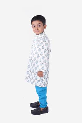 Turquoise Blue and White Motif Print Cotton Kurta with Turquoise Blue Churidar 3