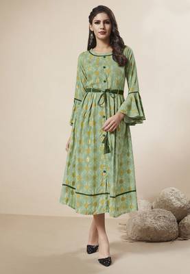 Light Green Printed Rayon Ethnic Kurtis 1
