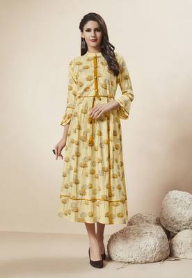 Light Yellow Printed Rayon Ethnic Kurtis 1