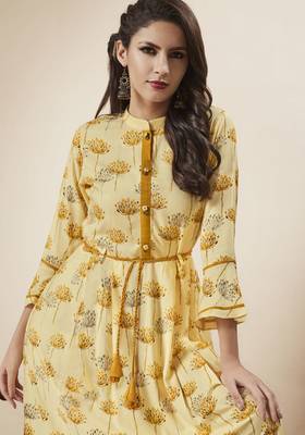 Light Yellow Printed Rayon Ethnic Kurtis 2