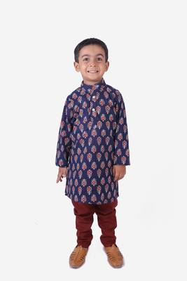 Dark Blue with Rust Color Geometric Print Cotton Kurta and Rust Churidar 1