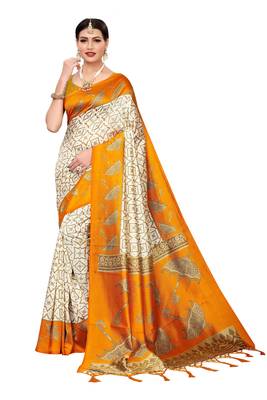 Cream Printed Art Silk Saree With Blouse 1