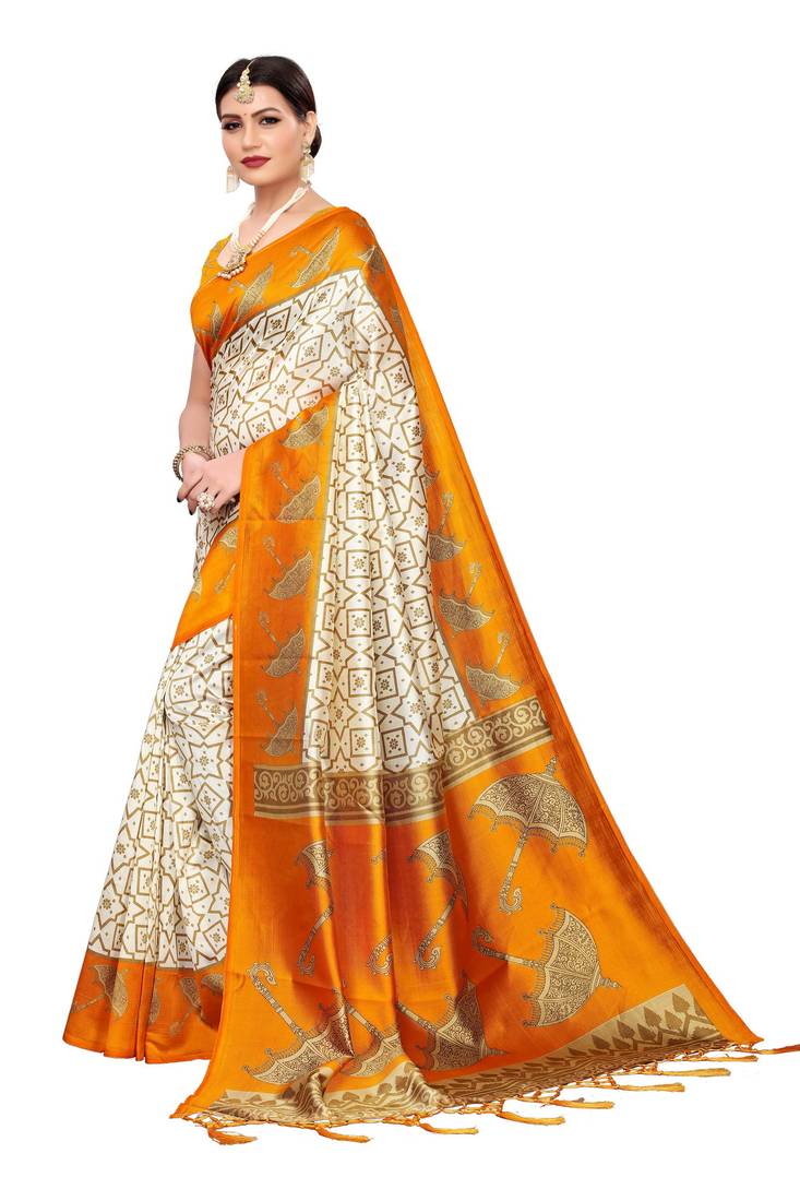 Cream Printed Art Silk Saree With Blouse