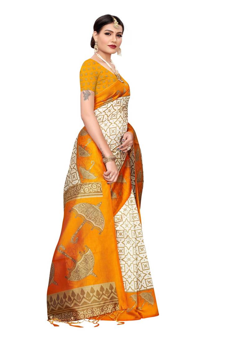 Cream Printed Art Silk Saree With Blouse