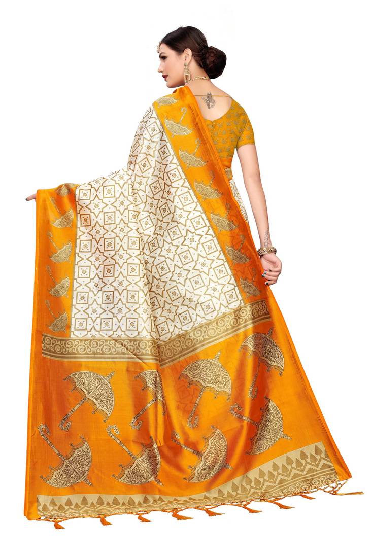 Cream Printed Art Silk Saree With Blouse