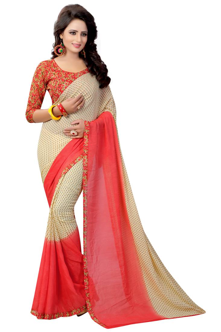 Red Printed Georgette Saree With Blouse
