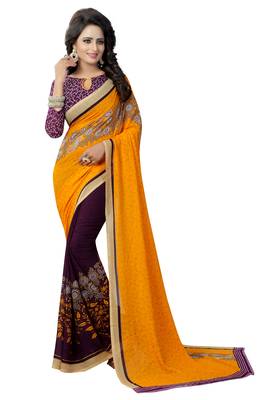 Yellow printed Georgette saree with blouse 1