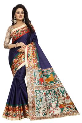 Navy Printed Art Silk Saree With Blouse 1