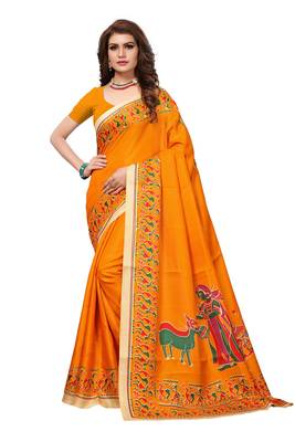 Mustard Printed Art Silk Saree With Blouse 1