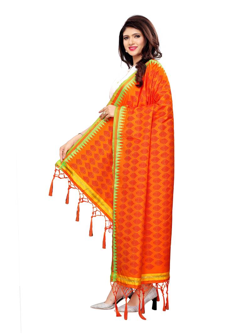 Orange Poly Silk Printed Womens Dupatta