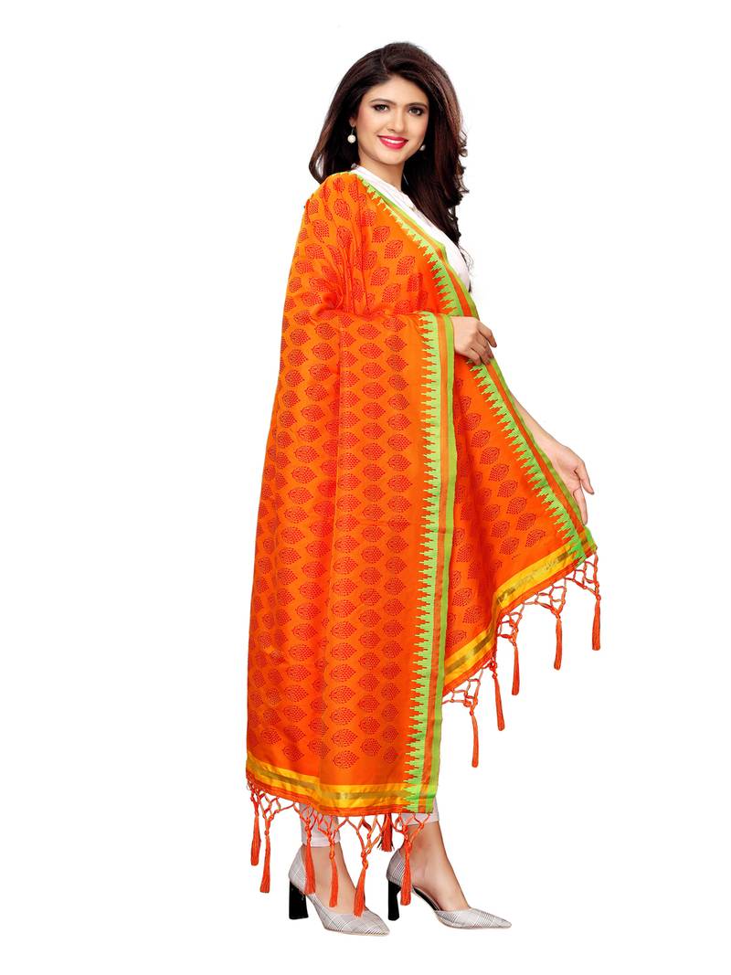 Orange Poly Silk Printed Womens Dupatta