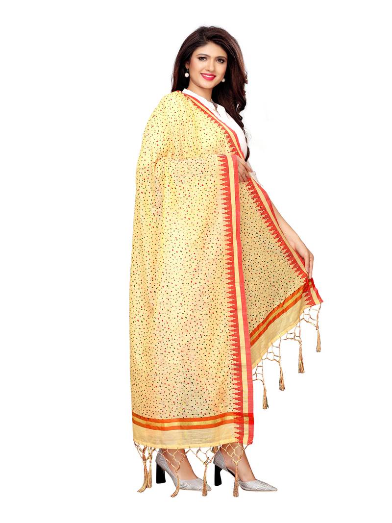 Beige Cotton Silk Printed Womens Dupatta