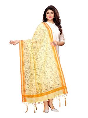 Beige Cotton Silk Printed Womens Dupatta 1