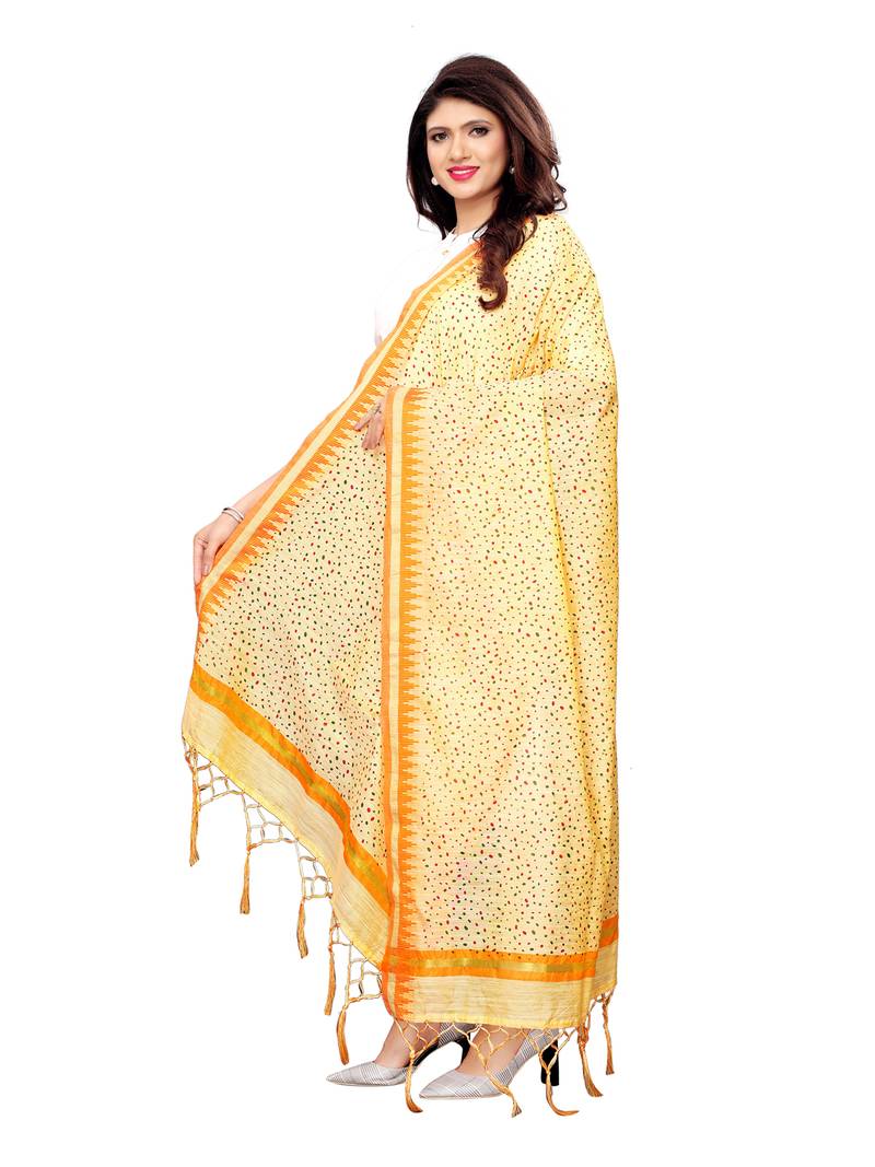 Beige Cotton Silk Printed Womens Dupatta