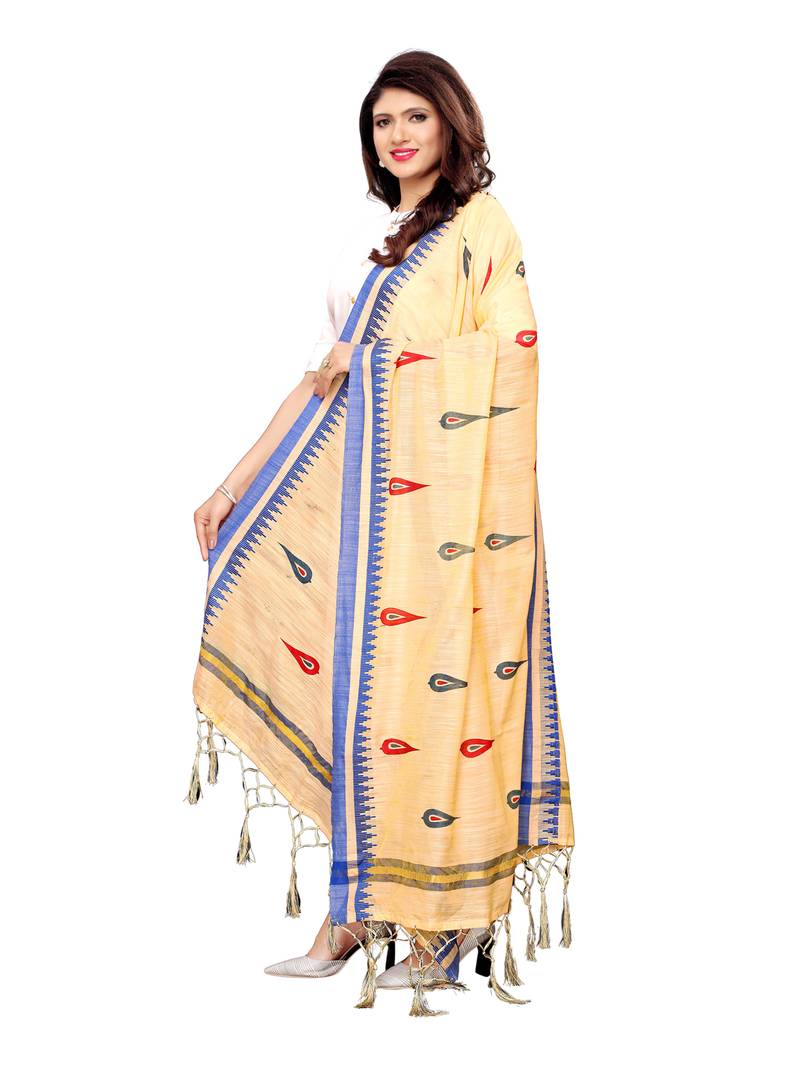 Beige Cotton Silk Printed Womens Dupatta