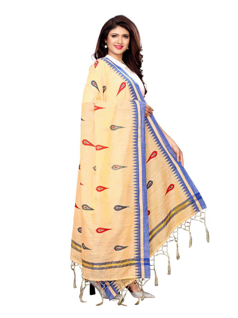 Beige Cotton Silk Printed Womens Dupatta