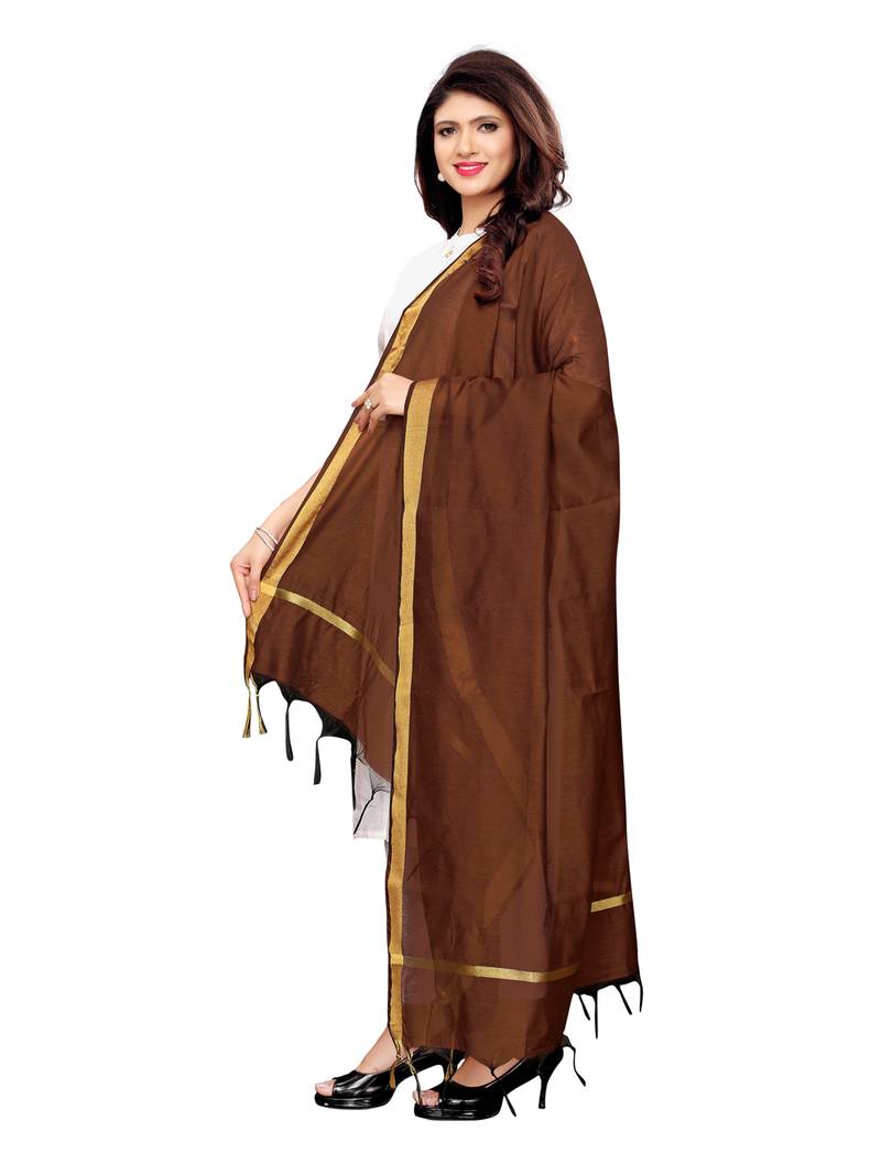 Beige and Brown Cotton Silk plain Womens Dupatta