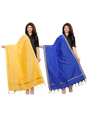 Yellow And Blue Cotton Silk Plain Womens Dupatta 1