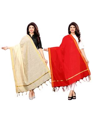 Beige and Red Cotton Silk plain Womens Dupatta 1