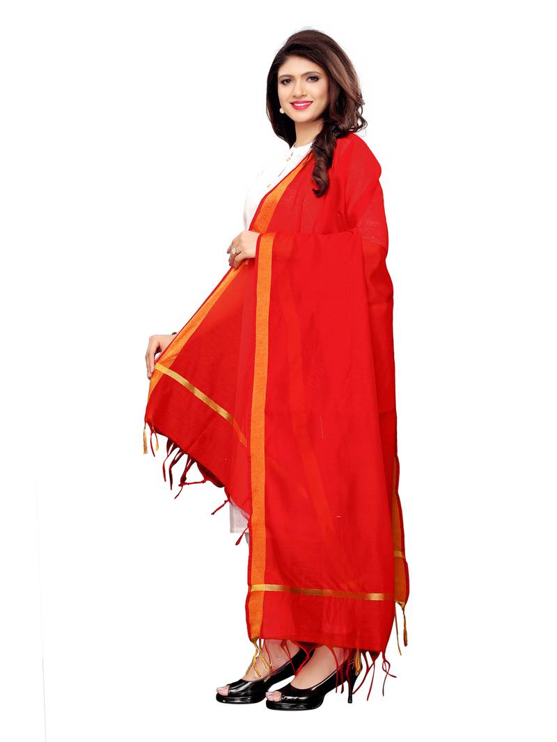 Beige and Red Cotton Silk plain Womens Dupatta