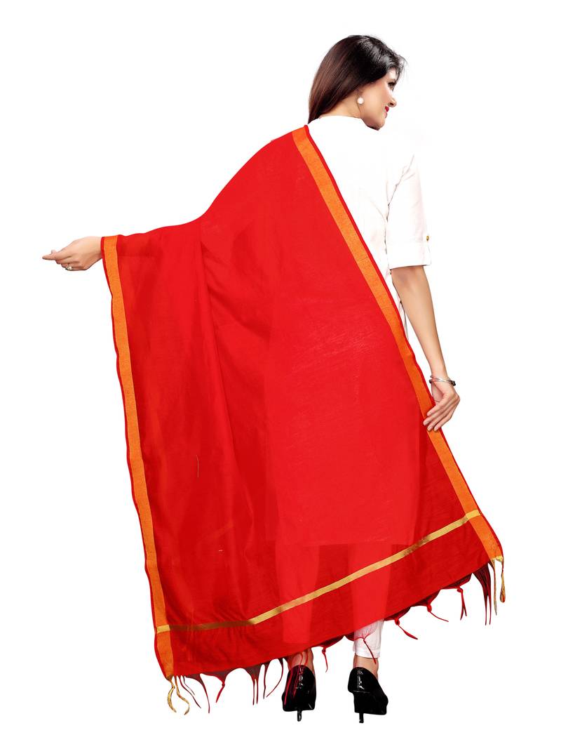 Beige and Red Cotton Silk plain Womens Dupatta