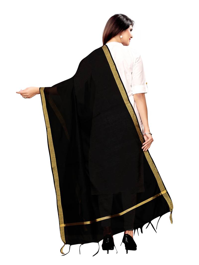 Yellow And Black Cotton Silk Plain Womens Dupatta