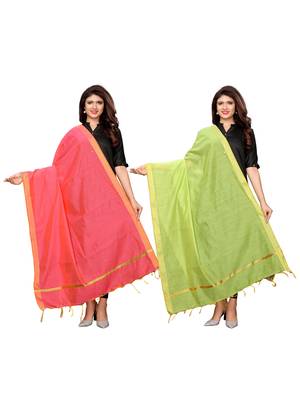 Pink And Green Cotton Silk Plain Womens Dupatta 1