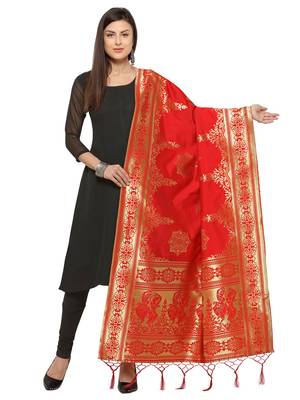 Red Poly Silk Woven Womens Dupatta 1