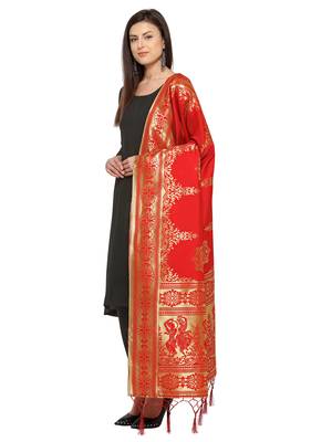 Red Poly Silk Woven Womens Dupatta 2