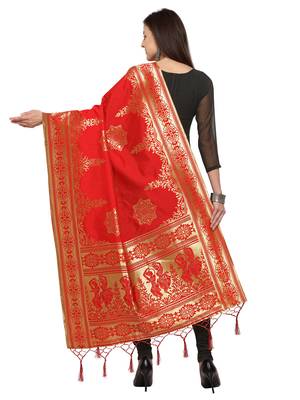 Red Poly Silk Woven Womens Dupatta 3