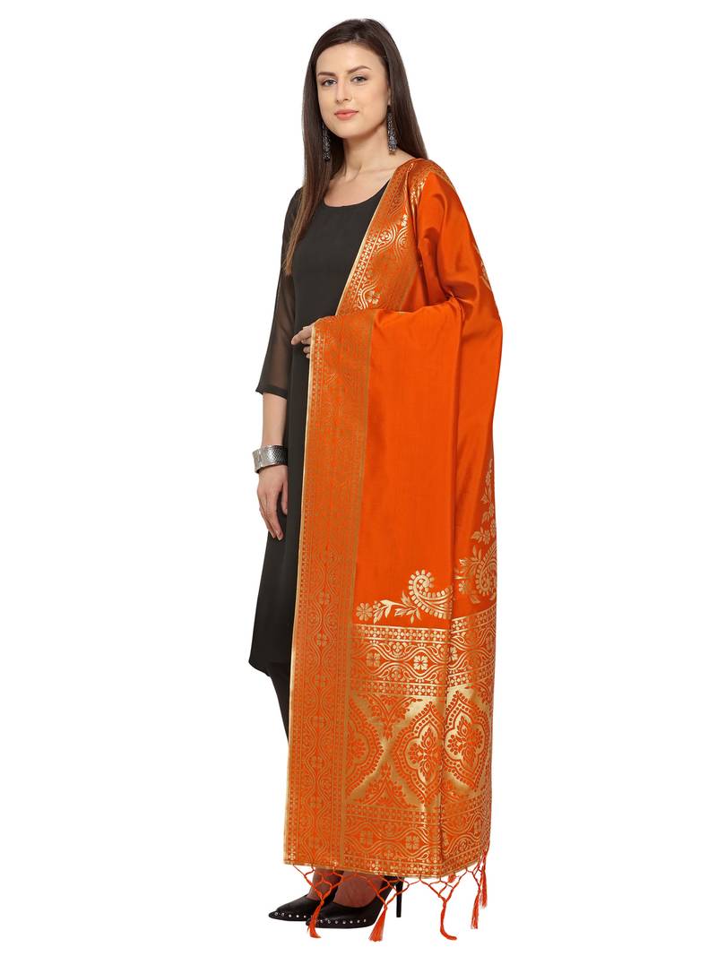 Orange Poly Silk Woven Womens Dupatta