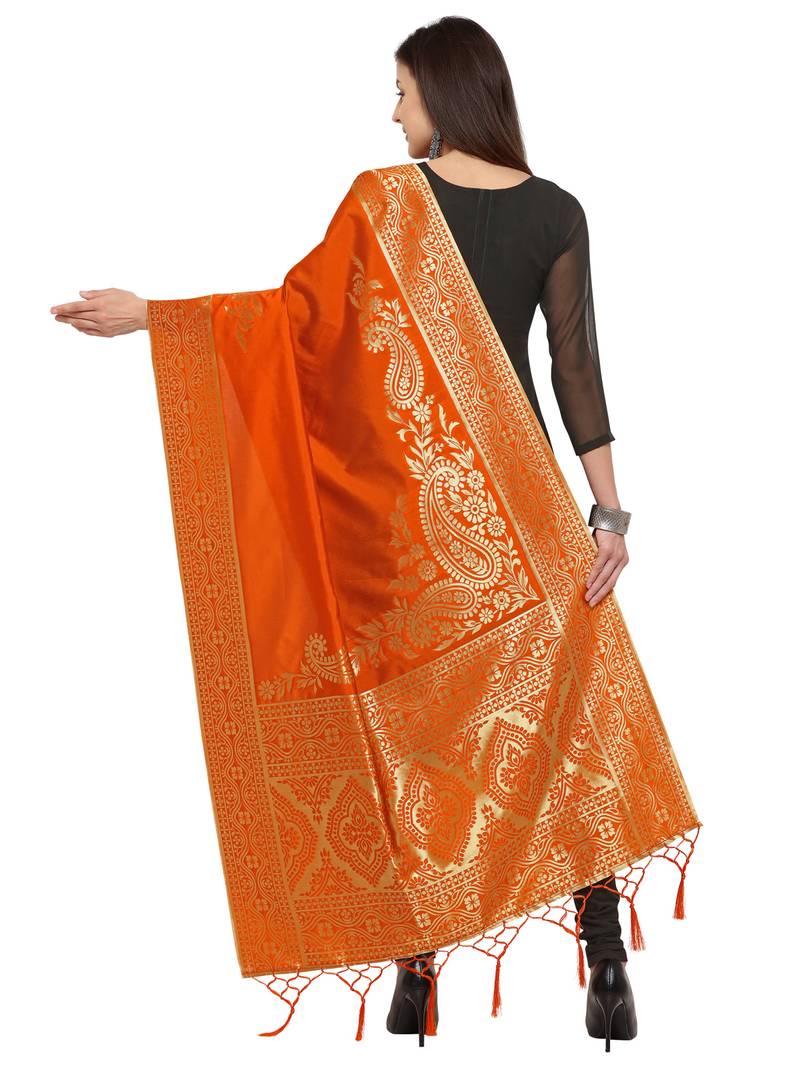 Orange Poly Silk Woven Womens Dupatta