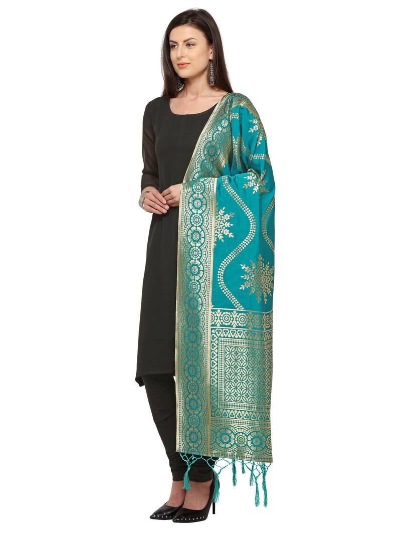 Green Poly Silk Woven Womens Dupatta
