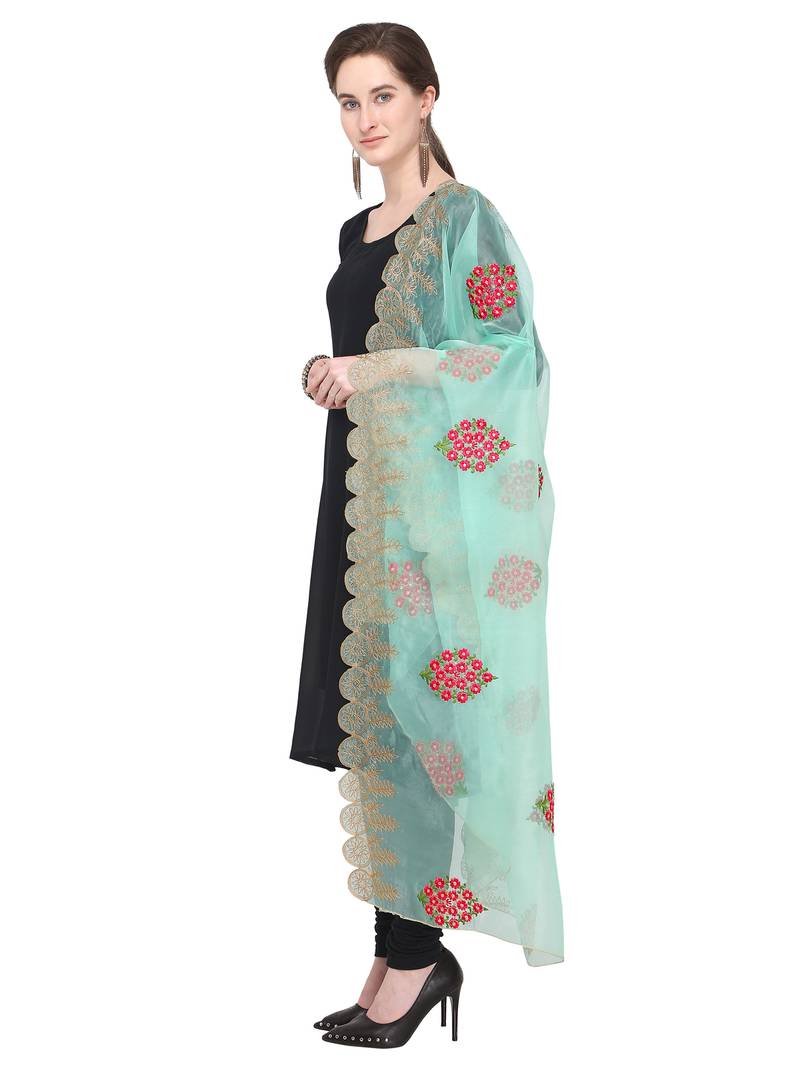 Turquoise Organza Embroidered Womens Dupatta